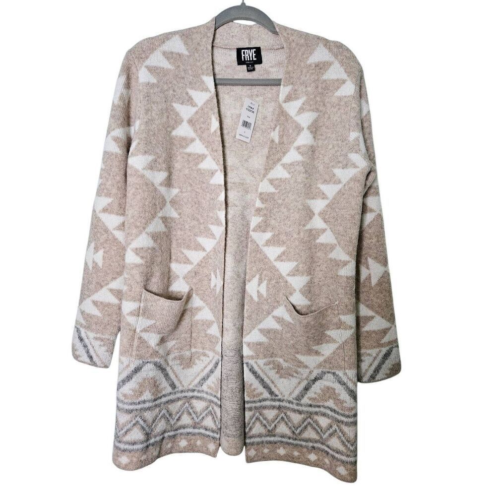 Frye tan and white patterned cardigan sweater. Size S. NWT.